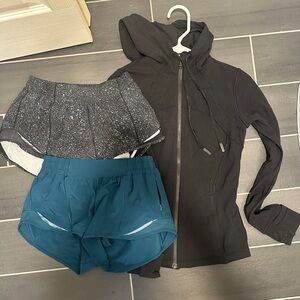 lululemon track jacket with hood black (4) hottie hot shorts 6 teal black speck
